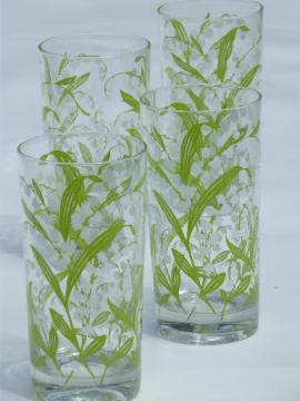 lily of the valley pattern drinking glasses, vintage kitchen glass tumblers