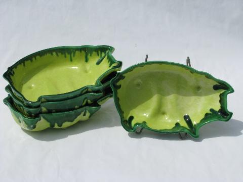 lime green drip vintage California pottery pig shape bowls, relish dishes