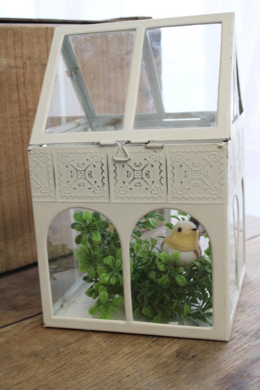 little glass house, shabby chic display cloche greenhouse metal frame w/ hinged roof