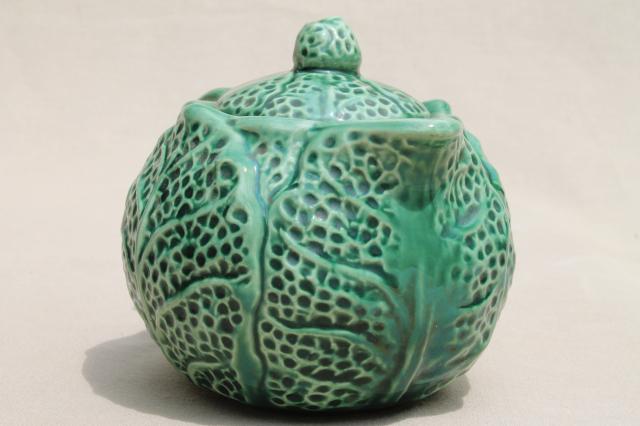 little green cabbage leaf teapot, vintage majolica pottery tea pot, bordallo pinheiro style