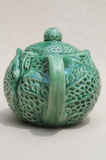 little green cabbage leaf teapot, vintage majolica pottery tea pot, bordallo pinheiro style