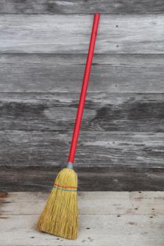little old corn broom w/ red wood handle, working toy for clean up or play in child's size kitchen