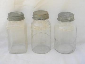 lot 3 old hoosier vintage kitchen storage jar canisters, zinc metal lids
