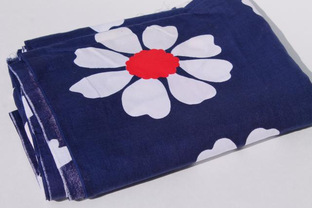 lot 70s vintage red white & navy blue fabric prints, strawberries, flower power daisies!