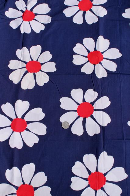 lot 70s vintage red white & navy blue fabric prints, strawberries, flower power daisies!