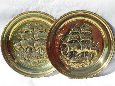 lot English solid brass chargers, large plates or trays w/ tall ships