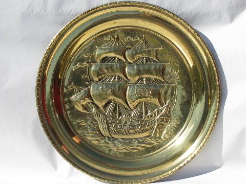 lot English solid brass chargers, large plates or trays w/ tall ships