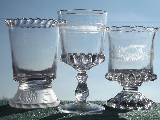 lot antique EAPG glass spooners or celery vases, pressed lion glass etc.