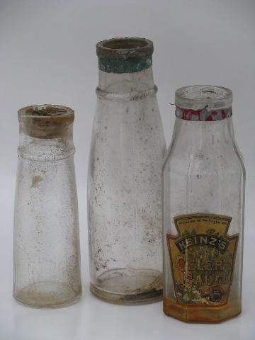 lot antique glass food jars and condiment bottles, old Heinz ketchup label