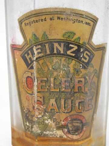 lot antique glass food jars and condiment bottles, old Heinz ketchup label