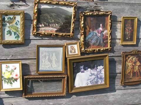 lot antique gold ornate florentine picture frames, old and vintage prints