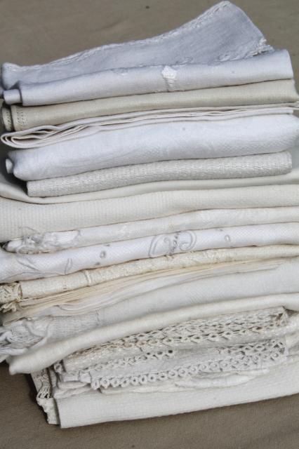 lot antique vintage linen & cotton towels w/ white work embroidery, crochet lace edgings