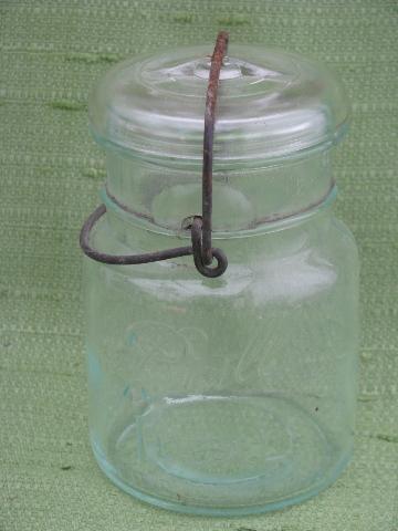 lot antique vintage pint canning jars, glass lightning lids w/ wire bails