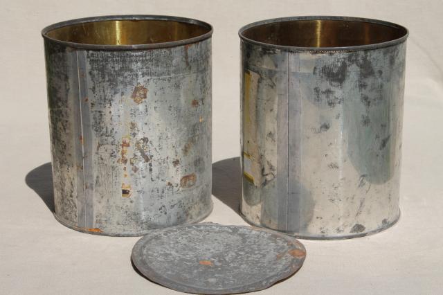 lot big old tin cans, vintage zinc color rustic primitive flower pot planters