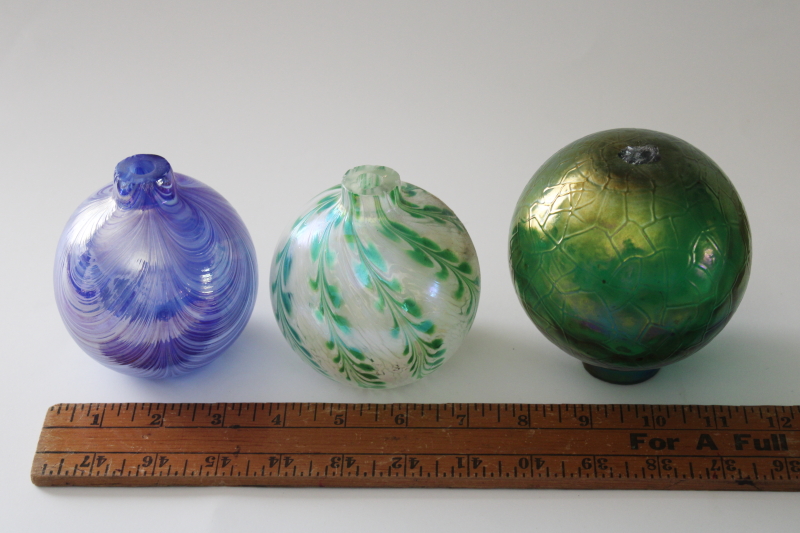 lot hand blown glass oil lamp bases, witch ball style globes iridescent green, blue  white swirl