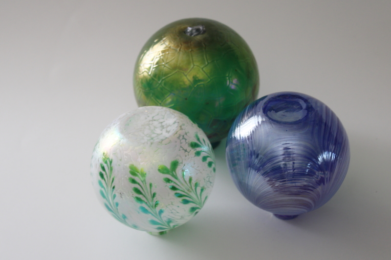 lot hand blown glass oil lamp bases, witch ball style globes iridescent green, blue  white swirl