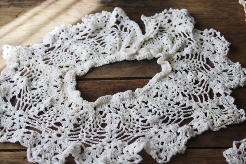 lot handmade crochet lace collars, cottagecore style for vintage dresses, 80s retro girly jumpsuits