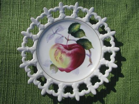 lot hand-painted fruit plates, pierced lace edge china, vintage Japan