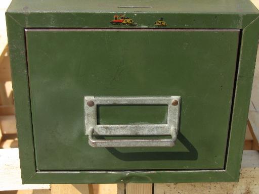 lot machine age industrial file boxes/card catalogs old olive drab paint