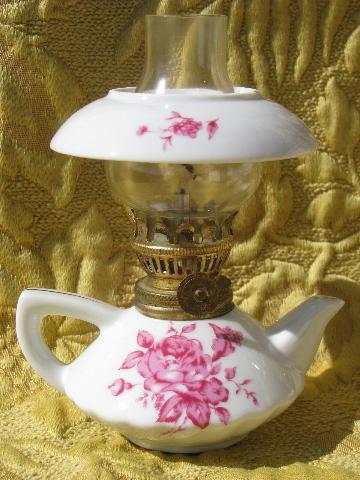 lot mini oil lamps, flowered china w/ glass shades, vintage Japan