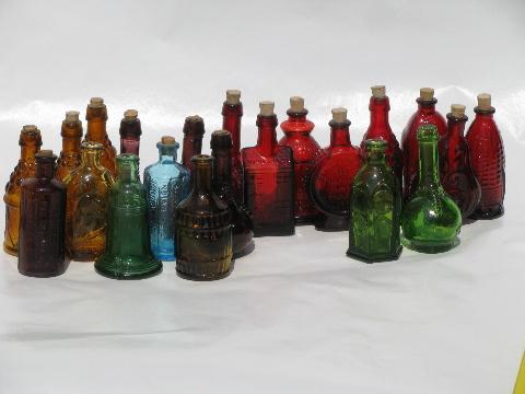 lot miniature colored glass bottles, vintage reproductions, Wheaton etc.
