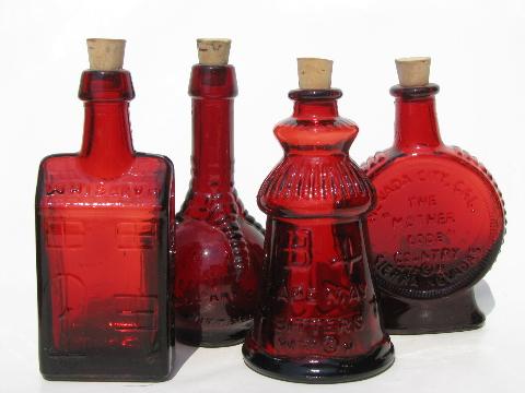 lot miniature colored glass bottles, vintage reproductions, Wheaton etc.