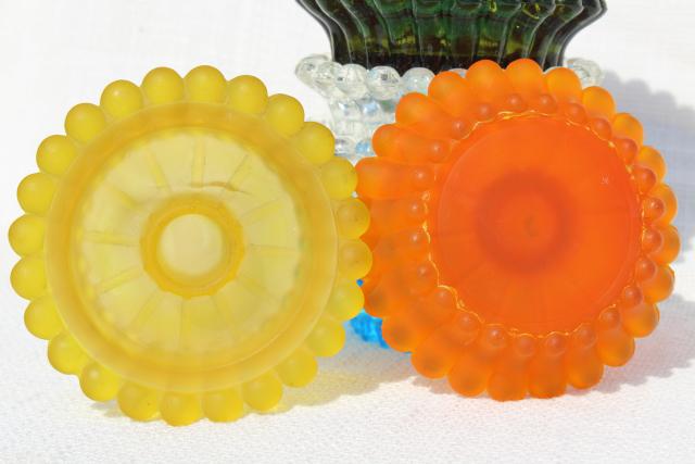 lot mismatched colored glass candle holders, vintage Decorama hobnail candlewick beaded edge glass