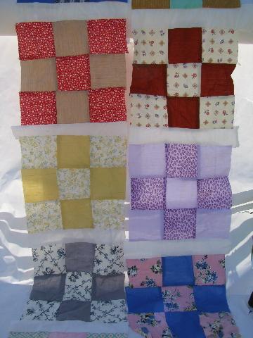 lot nine-patch patchwork quilt top blocks, 25 pieced squares, vintage cotton print fabric