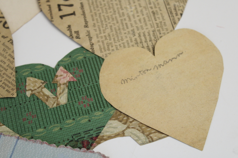 lot of 1930s vintage handmade paper valentines, cards, hearts made from print wallpaper samples