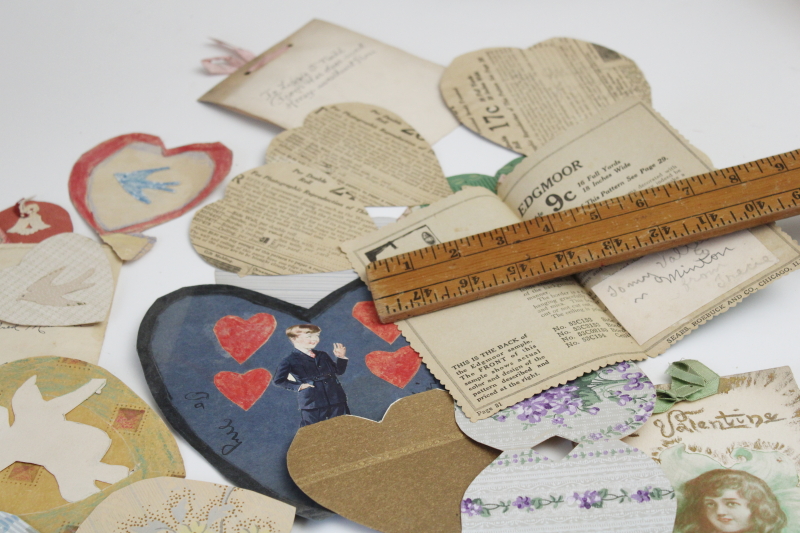 lot of 1930s vintage handmade paper valentines, cards, hearts made from print wallpaper samples