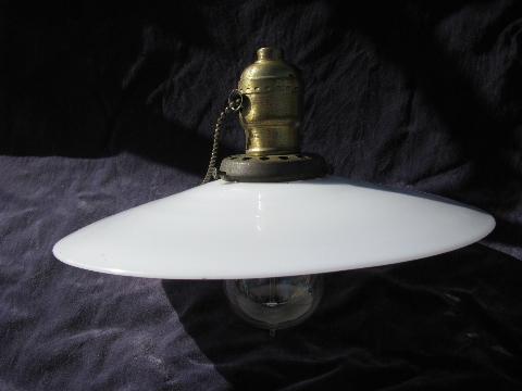 lot of 2 antique industrial or office pendant lights w/glass reflector shades & early Mazda bulbs