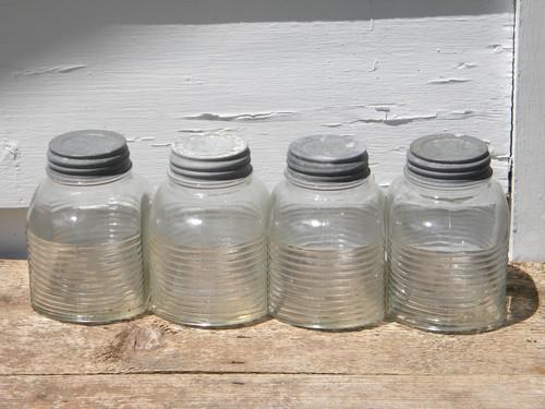 lot of 4 hoosier vintage storage jars/dry goods canisters w/zinc lids