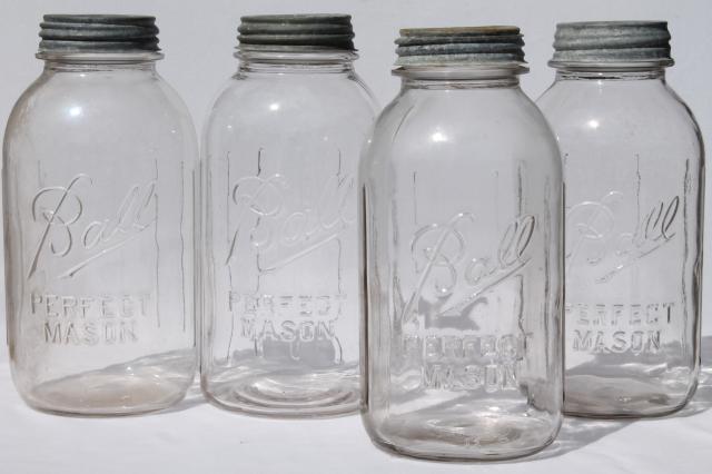 lot of 4 vintage two quart Ball Perfect Mason jars w/ antique zinc metal lids