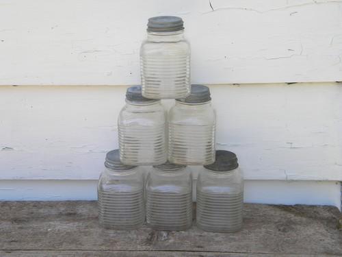 lot of 6 hoosier vintage storage jars/dry goods canisters w/zinc lids