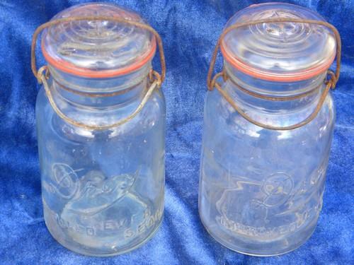lot of 6 old glass mason jar storage canisters w/wire bale lightning lids
