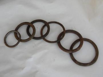 lot of 6 rusty old antique iron harness rings, farm primitive