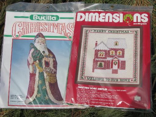 lot of Christmas needlework kits, needlepoint stockings, Christmas ornaments