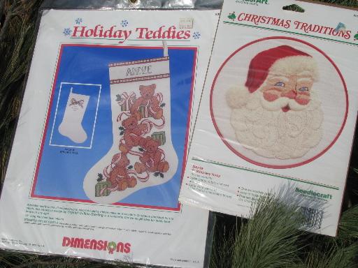 lot of Christmas needlework kits, needlepoint stockings, Christmas ornaments