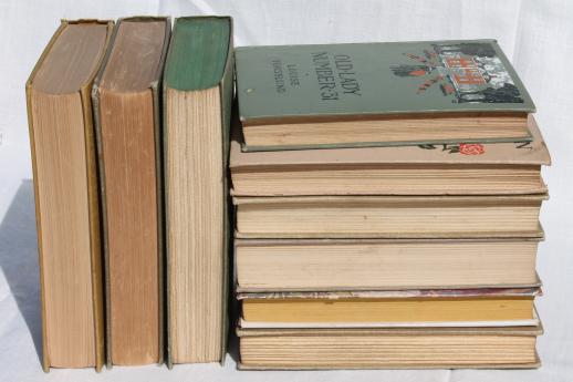 lot of beautiful old books w/ colored cloth bindings, collection of vintage novels