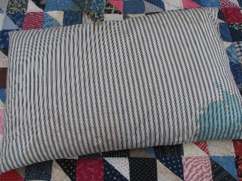 lot of five primitive old feather pillows, vintage blue stripe ticking