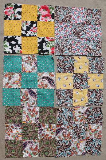 lot of nine-patch patchwork quilt blocks, vintage cotton fabric quilt top blocks hand-stitched