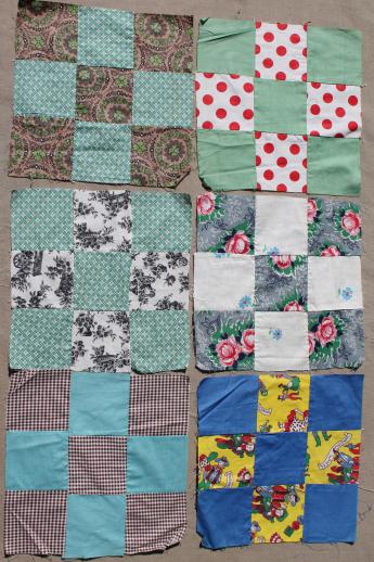 lot of nine-patch patchwork quilt blocks, vintage cotton fabric quilt top blocks hand-stitched