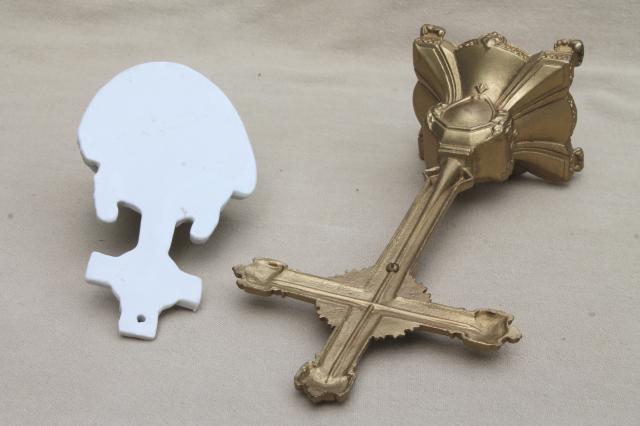 lot of old Catholic religious pieces, wall hanging Cross & table Crucifix, Holy Water bottle & font