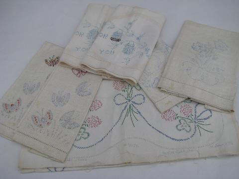 lot of old linens stamped to embroider, vintage towels, table runner
