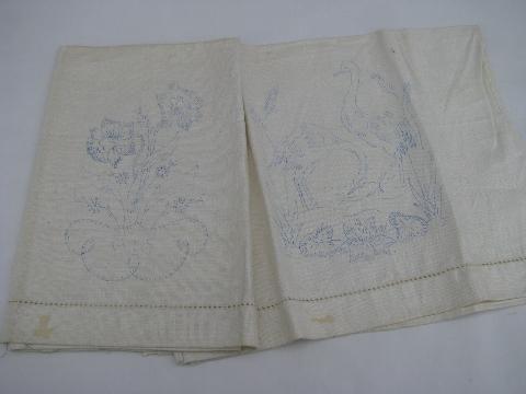 lot of old linens stamped to embroider, vintage towels, table runner