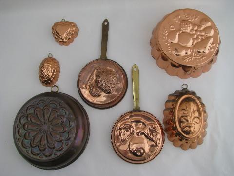 lot of tinned copper molds, french country kitchen style