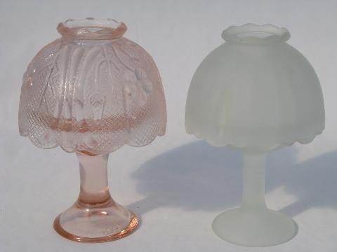lot of two vintage candle lamps or fairy lights, pink and satin glass