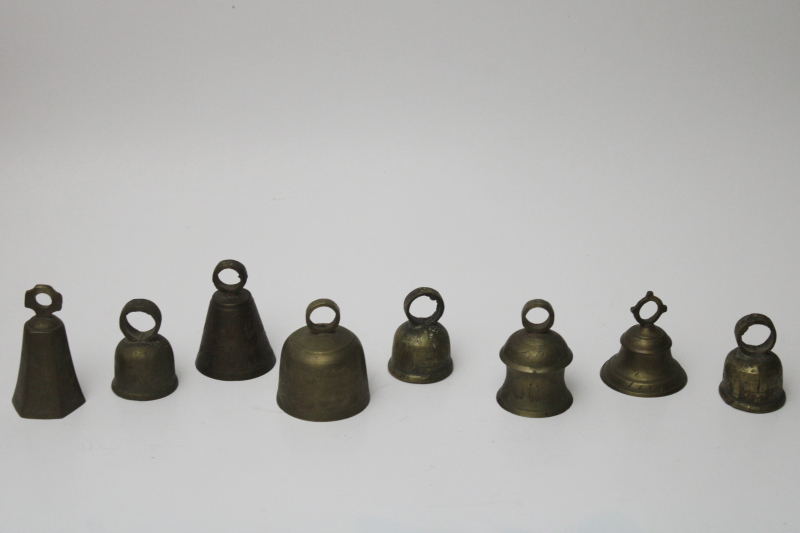 lot of vintage Bells of Sarna bells, etched solid brass prayer bells made in India