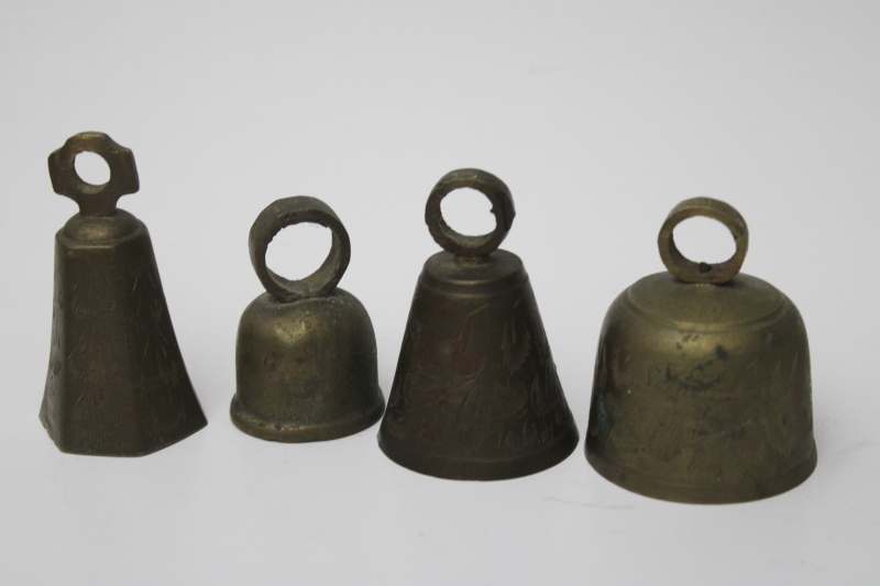lot of vintage Bells of Sarna bells, etched solid brass prayer bells made in India