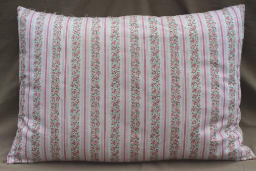 lot of vintage chicken feather pillows w/ pretty cotton ticking and flowered fabric